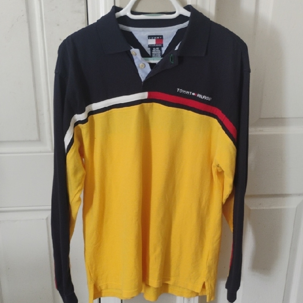 Vintage Tommy Hilfiger Men's Navy and Yellow Long Sleeve Polo Size XL